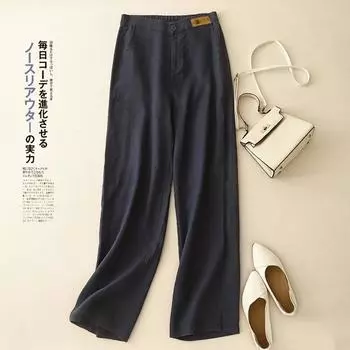 Однотонные льняные свободные широкие брюки женские узкие брюки 2025 новые осенние повседневные прямые брюки с высокой талией M льняной
