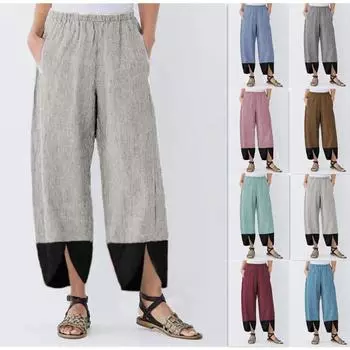 Однотонные лоскутные полоски свободные повседневные прямые брюки с разрезом на маленькую ногу женские брюки S зелёный