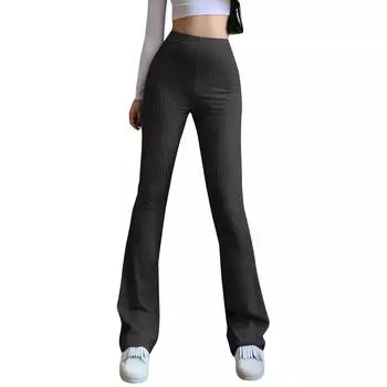 Однотонные обтягивающие брюки-клеш с высокой талией, женские повседневные брюки с эластичной резинкой L чёрный