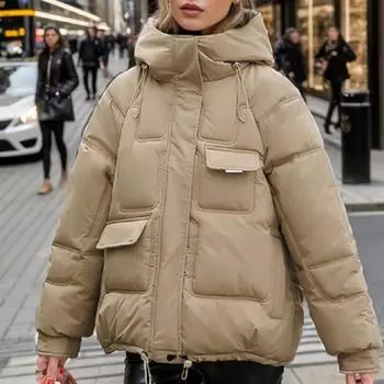 Однотонные парки Зимняя одежда для женщин с несколькими карманами и капюшоном, хлопковая куртка с подкладкой, шикарный дизайн, свободные женские пальто M чёрный