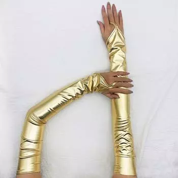 Однотонные перчатки для ночного клуба, перчатки для косплея, кожаные перчатки, митенки без пальцев, рукав для руки золотой