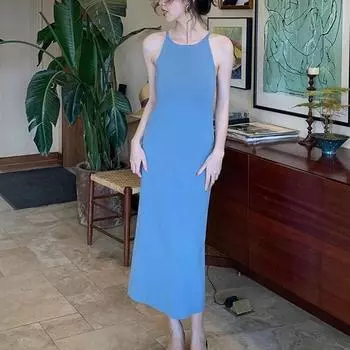 Однотонные платья-комбинации Сексуальные Элегантные Без рукавов Летние Винтажные Базовые Облегающие Модные Поясная сумка Бедра Длинное платье S синий