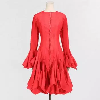 Однотонные платья с пуговицами, слим-фит для женщин, с круглым вырезом, длинными рукавами, высокой талией, лоскутным узором, оборками, женская мода, новинка S красный