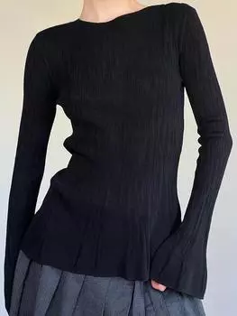 Однотонные плиссированные футболки с длинным рукавом, расклешенные рукава, женские облегающие повседневные женские топы с круглым вырезом, базовые пуловеры S чёрный