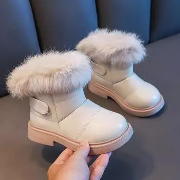 Однотонные повседневные ботинки в британском стиле для девочек, плюшевые зимние мягкие полусапожки для маленьких мальчиков, детская обувь, детская Прямая доставка 25 белый