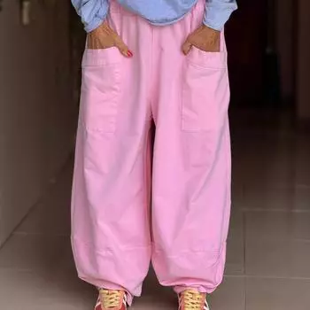 Однотонные повседневные брюки с карманами, эластичной талией и широкими штанинами S розовый