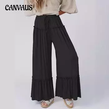 Однотонные повседневные брюки с высокой талией, женские брюки большого размера с тонкими широкими штанинами и завязками S чёрный