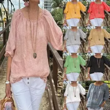 Однотонные повседневные футболки из хлопка и льна с круглым вырезом и средним рукавом для женщин S жёлтый