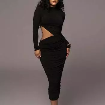 Однотонные повседневные сексуальные женские платья для похудения, плиссированный дизайн, мягкая удобная ткань, уличное платье с полой талией и круглым вырезом с длинными рукавами L белый