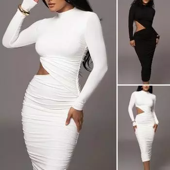 Однотонные повседневные сексуальные женские платья для похудения, плиссированный дизайн, мягкая удобная ткань, уличное платье с полой талией и круглым вырезом с длинными рукавами L белый