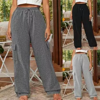 Однотонные повседневные спортивные женские спортивные брюки со свободными карманами и шнурком L чёрный