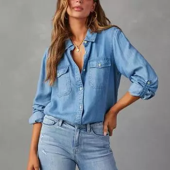 Однотонные повседневные свободные джинсовые рубашки для женщин, осенние винтажные женские рубашки и блузки оверсайз, модные молодежные женские топы XS светло-синий