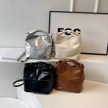 Однотонные простые сумки-ведра из искусственной кожи большой емкости, модные универсальные сумки через плечо для женщин, дизайнерские 27x18x22cm чёрный