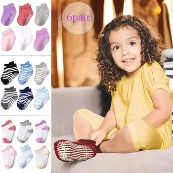 Однотонные противоскользящие вязаные теплые носки для маленьких мальчиков и девочек, комнатные носки, 6 пар 12 чёрный