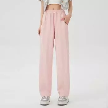 Однотонные прямые длинные брюки для женщин, осенние, узкие, с высокой талией, розовые, черные, спортивные, широкие брюки S чёрный