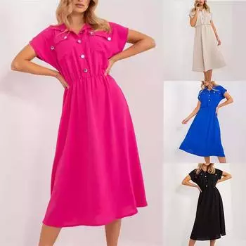 Однотонные пуговицы женская одежда платье миди-юбка с короткими рукавами повседневная S чёрный