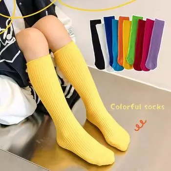 Однотонные яркие цвета, осенне-зимние высокоэластичные длинные носки до колена для маленьких девочек и мальчиков, полосатые чулки в рубчик выше икры розы красного