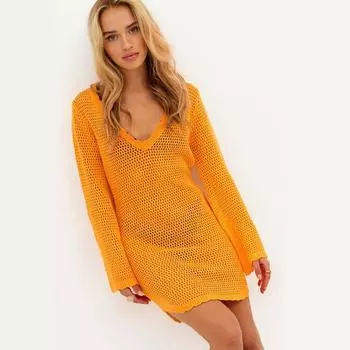 Однотонные сетчатые ажурные мини-платья, женское прозрачное расклешенное летнее платье с длинными рукавами, женская свободная уличная одежда с v-образным вырезом S белый