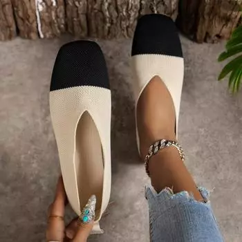 Однотонные сетчатые лоферы с квадратным носком, неглубокие женские туфли на плоской подошве, вязаные балетки на мягкой подошве, повседневные туфли-лодочки без шнуровки 36 бежевый