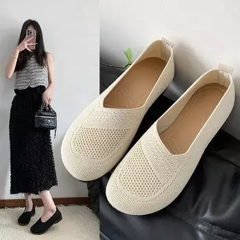 Однотонные сетчатые лоферы с квадратным носком, неглубокие женские туфли на плоской подошве, вязаные балетки на мягкой подошве, повседневные туфли-лодочки без шнуровки 35 бежевый