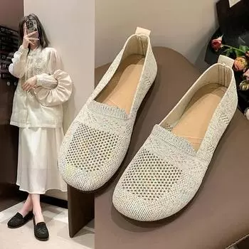 Однотонные сетчатые мокасины с квадратным носком, женские туфли на плоской подошве, мягкие трикотажные балетки, повседневные туфли-лодочки без застежек 2024 35 бежевый