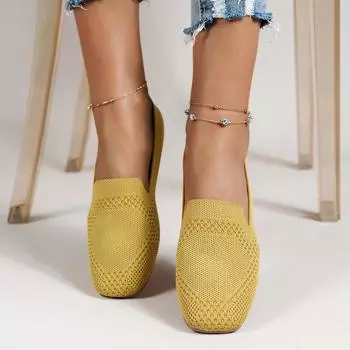 Однотонные сетчатые мокасины с квадратным носком, женские туфли на плоской подошве, мягкие трикотажные балетки, повседневные туфли-лодочки без застежек 2024 35 чёрный