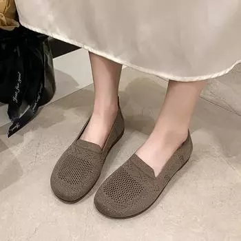 Однотонные сетчатые мокасины с квадратным носком, женские туфли на плоской подошве, мягкие трикотажные балетки, повседневные туфли-лодочки без застежек 2024 35 бежевый