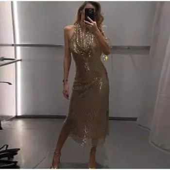 Однотонные сексуальные расшитые блестками элегантные женские платья без рукавов с открытыми плечами модные облегающие женские платья новые пляжные вечерние платья S золотой