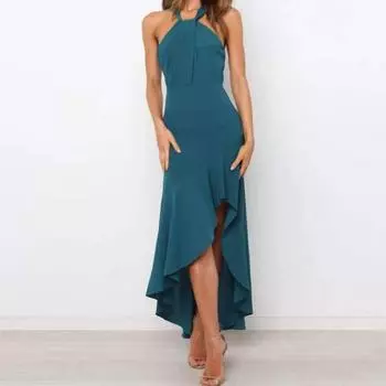 Однотонные шифоновые платья с рюшами на шее, женское платье без рукавов с открытой спиной, элегантное повседневное офисное женское летнее платье S синий