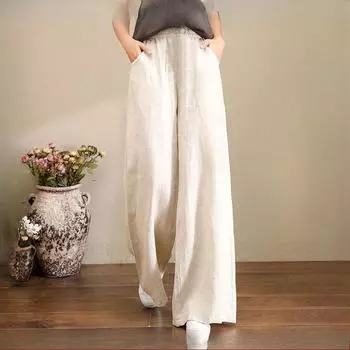 Однотонные широкие брюки больших размеров, женские, с эластичной резинкой на талии, из хлопка и льна, весенние и летние женские брюки свободного покроя XXXL чёрный