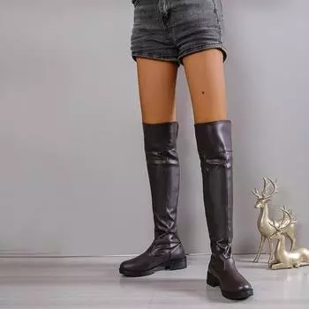 Однотонные современные сапоги до колена для женщин, горячая распродажа, зимние резиновые женские туфли на квадратном каблуке, слипоны на низком каблуке с круглым носком из искусственной кожи 38 темно-коричневого