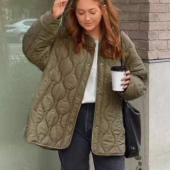 Однотонные стеганые куртки женские весна-осень с круглым вырезом однобортные пальто с карманами женские с длинным рукавом повседневные женские шикарные верхние одежды S армия зеленый