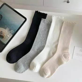 Однотонные свободные длинные носки для женщин, ажурные сетчатые тонкие дышащие носки средней длины, милые носки для девочек в стиле Лолиты и кавайи с оборками белый