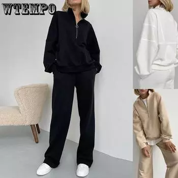 Однотонные свободные комплекты из двух предметов с воротником на половину молнии, женские повседневные одинаковые комплекты, осенне-зимние пуловеры и костюм с широкими брюками S белый