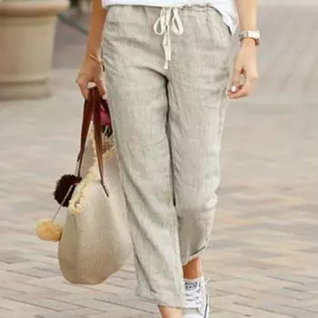 Однотонные свободные повседневные брюки-джоггеры из хлопка и льна с эластичной резинкой на талии для женщин, зауженные брюки-капри с завязками и карманами S хаки