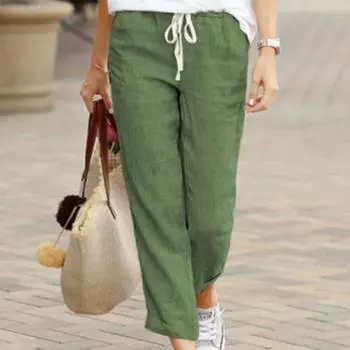 Однотонные свободные повседневные брюки-джоггеры из хлопка и льна с эластичной резинкой на талии для женщин, зауженные брюки-капри с завязками и карманами S зелёный