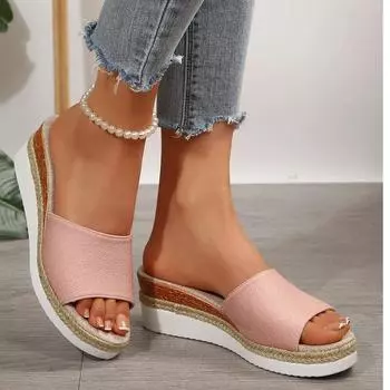 Однотонные тапочки из ткани с толстой подошвой и покатым каблуком, женская летняя одежда, пляжные тапочки с крошкой, классные тапочки 36