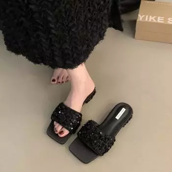 Однотонные тапочки со стразами и пайетками для женщин, летняя одежда 2025 года, новые высококачественные босоножки на толстом каблуке и низком каблуке 35 серебряный