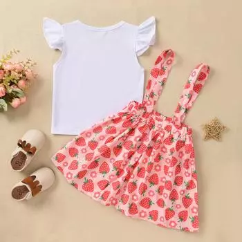 Однотонные топы для маленьких девочек + комплекты юбок на подтяжках с принтом клубники и фруктов белый