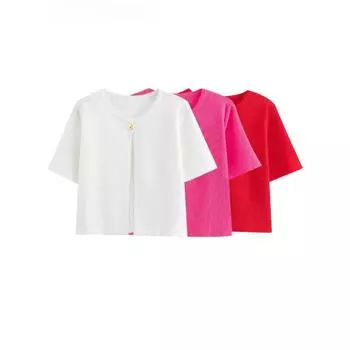 Однотонные трикотажные кардиганы с одной пуговицей, женские повседневные свитера с коротким рукавом и круглым вырезом, осенние новые женские универсальные короткие топы S белый