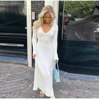 Однотонные трикотажные плиссированные платья женские облегающие с длинным рукавом V-образным вырезом на шнуровке А-силуэта женское осеннее женское платье халат S абрикосовый