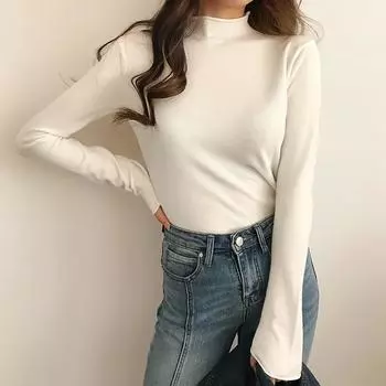 Однотонные трикотажные пуловеры с полуводолазкой, свитера, женские осенне-зимние рубашки для начинающих, облегающие джемперы с длинными рукавами, топы