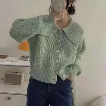 Однотонные трикотажные женские кардиганы осень новые свободные короткие свитера с большими лацканами пальто однобортные топы One Size слоновая кость