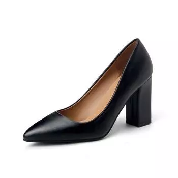 Однотонные туфли на высоком каблуке для женской рабочей одежды, одинарные туфли, толстый каблук, острый носок, с неглубоким вырезом, темпераментные, для работы, супервысокий каблук 9 см 35 чёрный