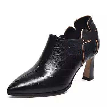 Однотонные туфли с глубоким вырезом, новые весенне-осенние модные универсальные кожаные туфли на толстом каблуке с заостренной боковой молнией 35 чёрный