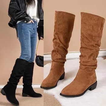 Однотонные удобные женские модные сапоги до колена с круглыми носками и квадратным каблуком, увеличивающие размер, зимние высокие сапоги 42 чёрный