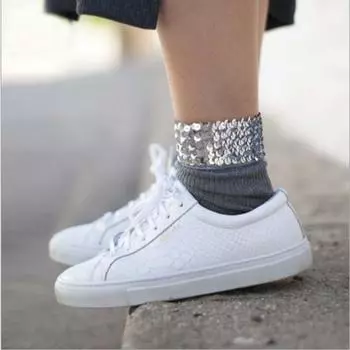 Однотонные утолщенные повседневные носки Harajuku средней толщины, носки для девочек с блестками, короткие носки серый