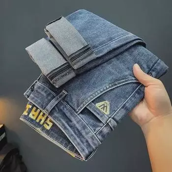 Однотонные узкие мужские джинсы в европейском и американском стиле — модные, эластичные, универсальные, длинные брюки, летний тонкий фасон 34 синий