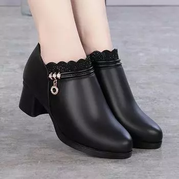 Однотонные весенне-осенние женские модные туфли-лодочки на толстом высоком каблуке, мягкие и удобные, на молнии, на мелкой подошве, женские туфли 42 чёрный
