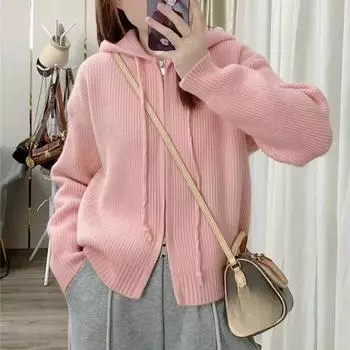 Однотонные вязаные куртки, женские осенне-зимние повседневные толстовки с капюшоном в стиле Харадзюку, базовая верхняя одежда, трикотажные топы, толстый теплый кардиган, женский свитер One Size белый
